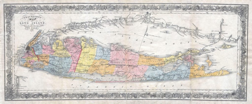 1857 Colton Travellers Map Of Long Island New York Maps Pinterest In Printable Map Of Long Island Ny 1024x426 