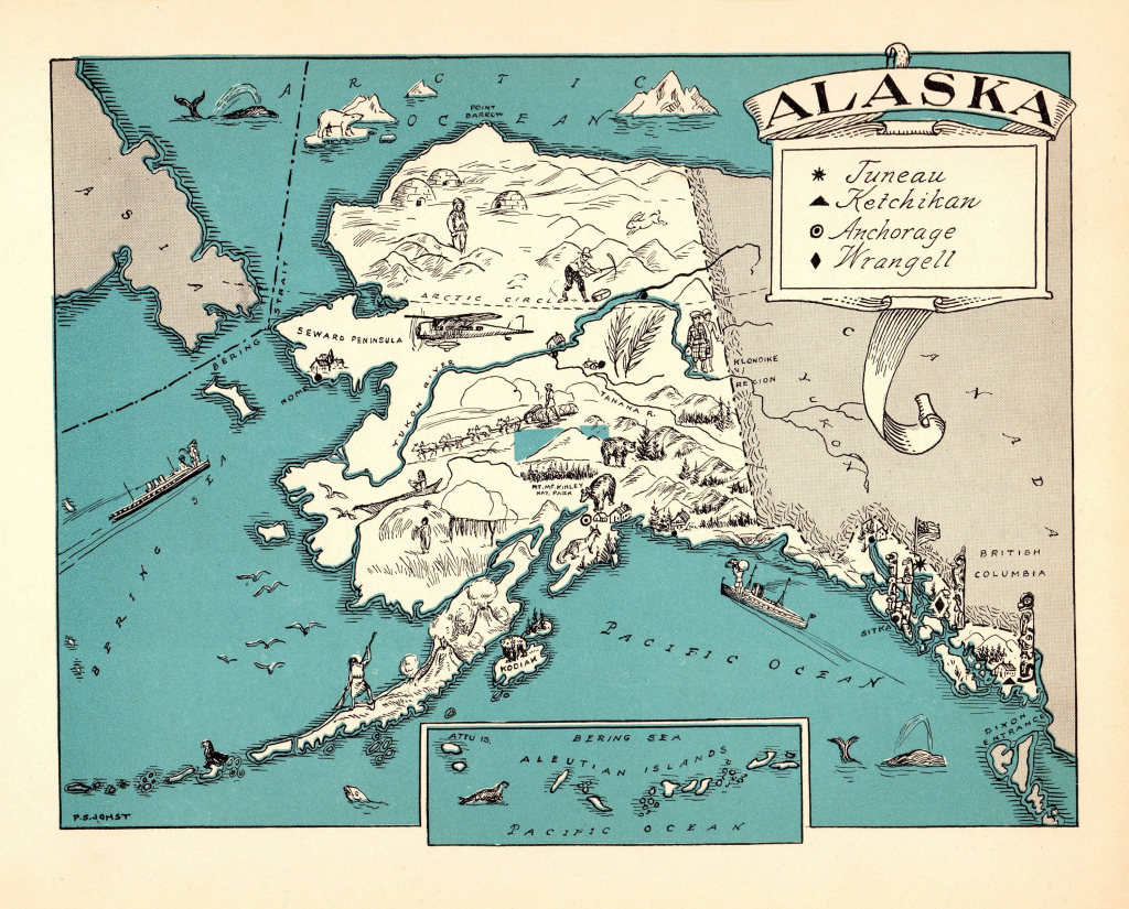 1930&amp;#039;s Vintage Alaska State Map Of Alaska Picture Cartoon Map Print pertaining to Alaska State Map Printable