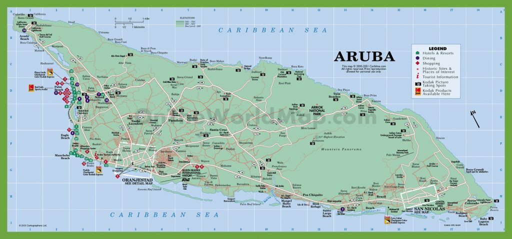 Aruba Road Map In Printable Map Of Aruba 1024x479 
