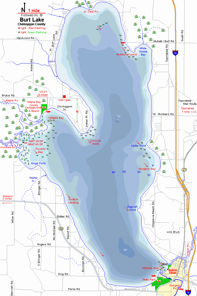 Burt Lake Map Cheboygan County Michigan Fishing - Michigan Interactive™ with Michigan River Map Printable