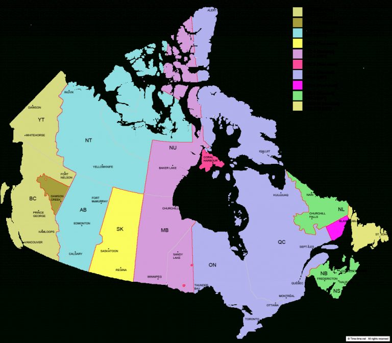 Canada Time Zone Map With Provinces With Cities With Clock For Printable Time Zone Map Usa And Canada 768x672 