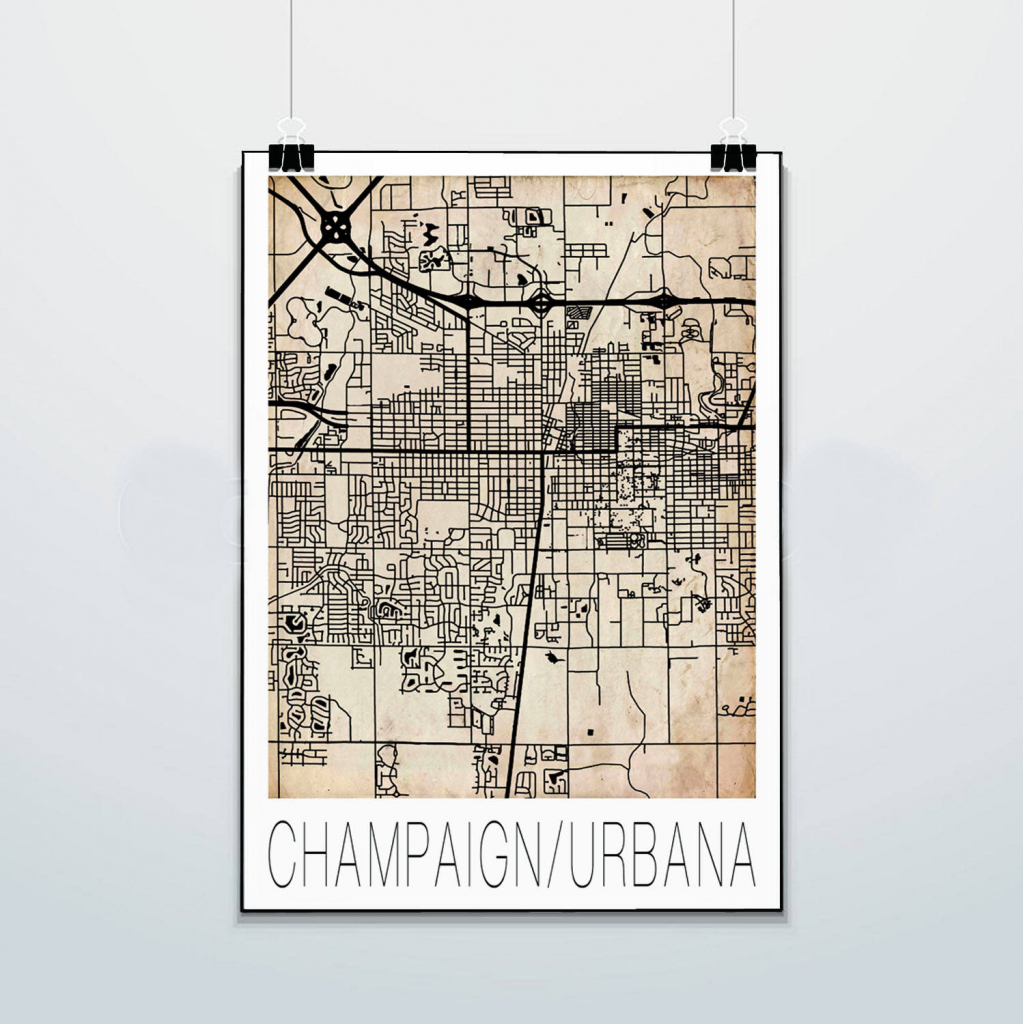 Champaign Urbana Map Print Poster Street Map Grunge | Etsy within Printable Map Of Champaign Il