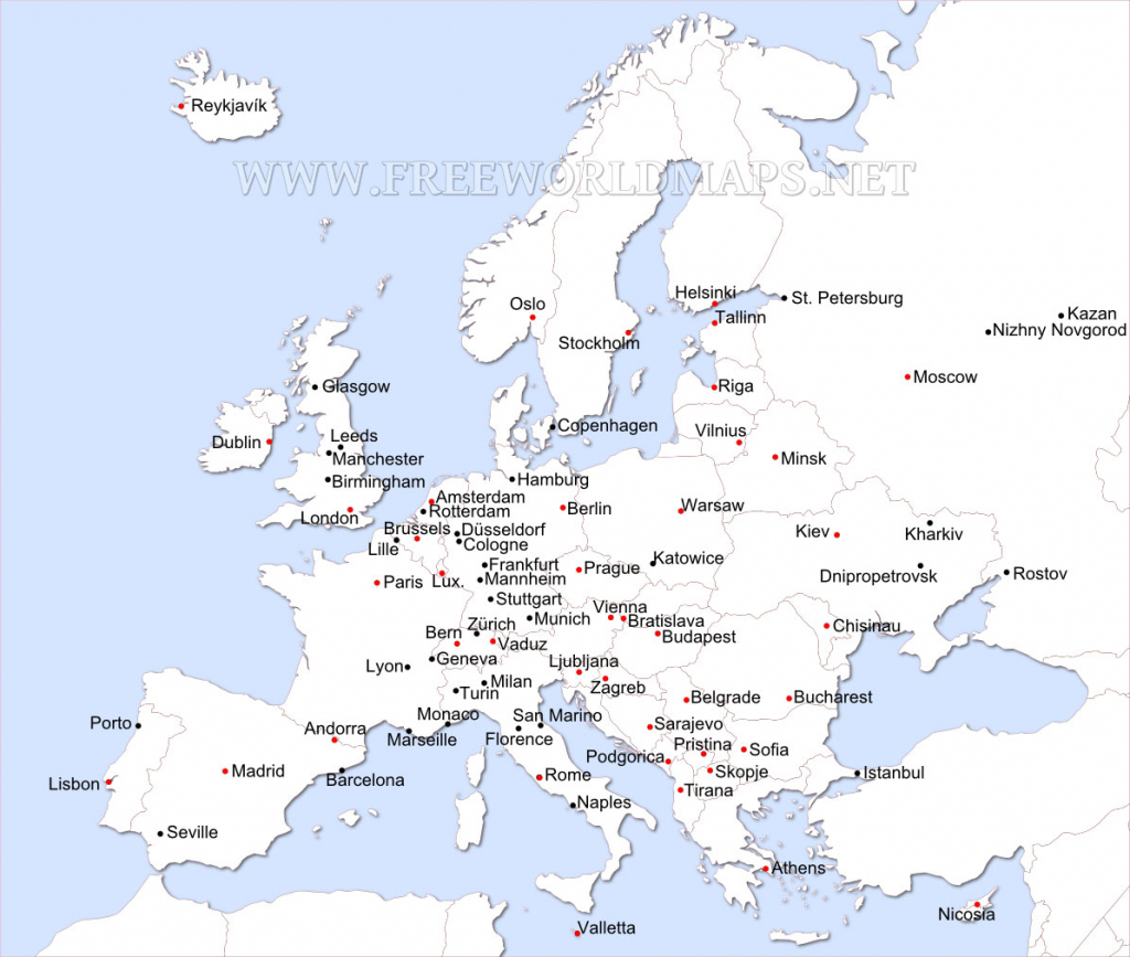 Cities And Capitals Of Europe pertaining to Printable Map Of Europe With Major Cities