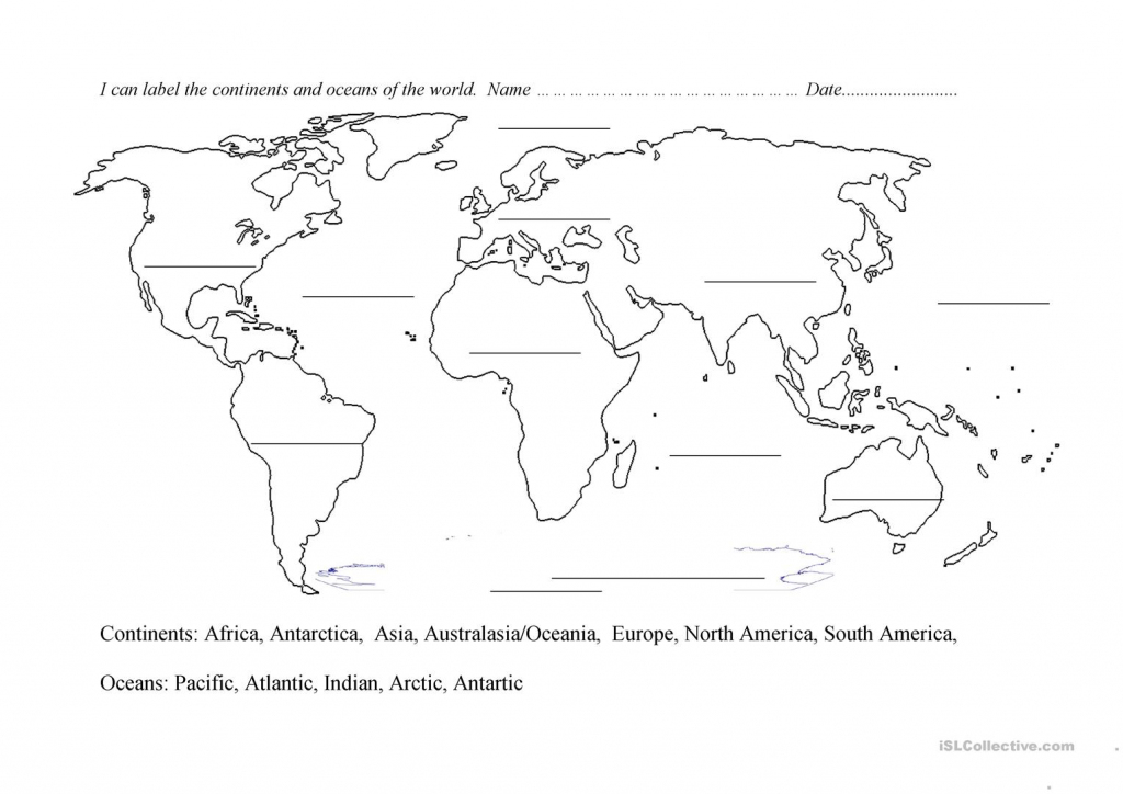 Continents And Oceans Blank Map Worksheet - Free Esl Printable inside Map Of Continents And Oceans Printable