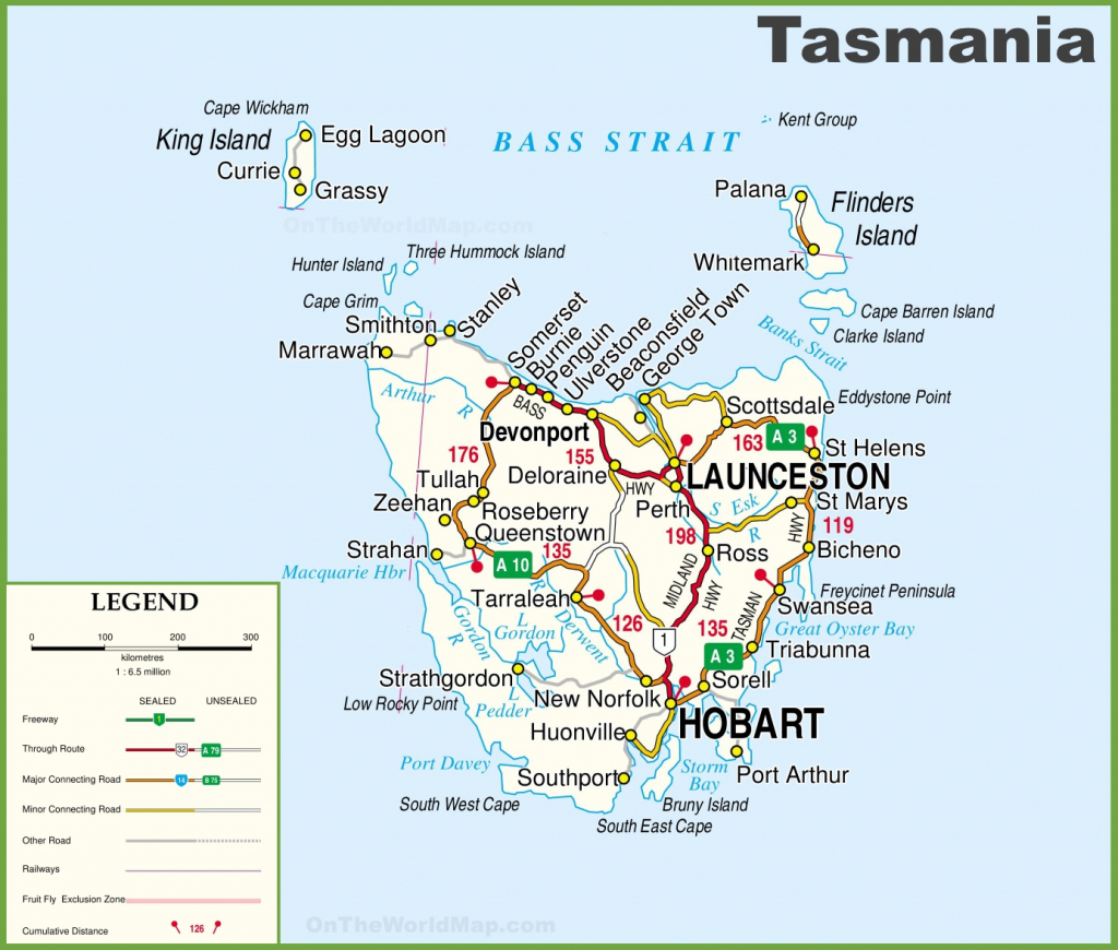 Detailed Tasmania Road Map With Cities And Towns inside Printable Map Of Tasmania