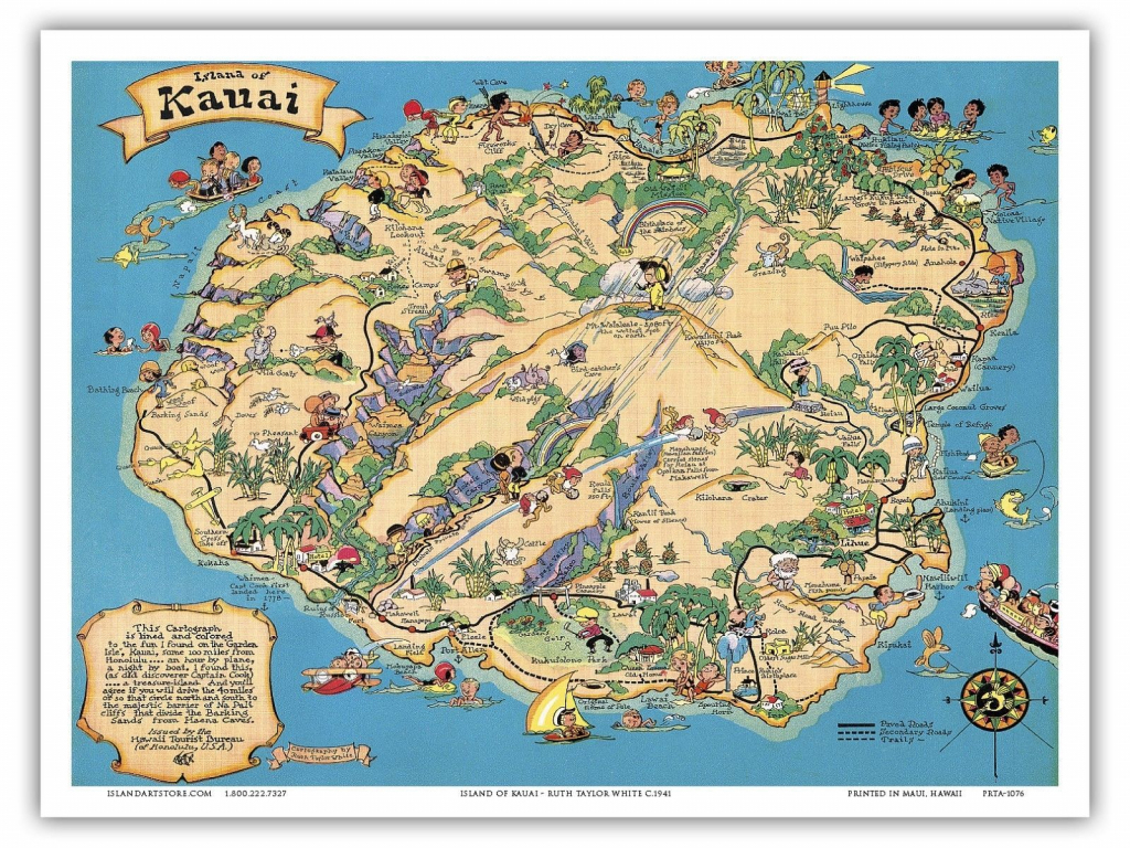 Details About Hawaii Island Map Kauai - White - 1941 Vintage Travel regarding Printable Map Of Kauai Hawaii