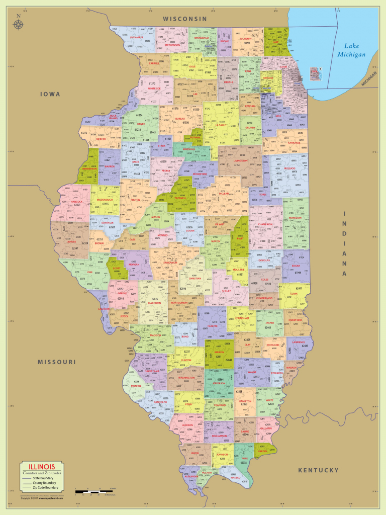 Illinois Zip Code Map With Counties (48″ W X 64″ H) | #worldmapstore intended for Illinois County Map Printable