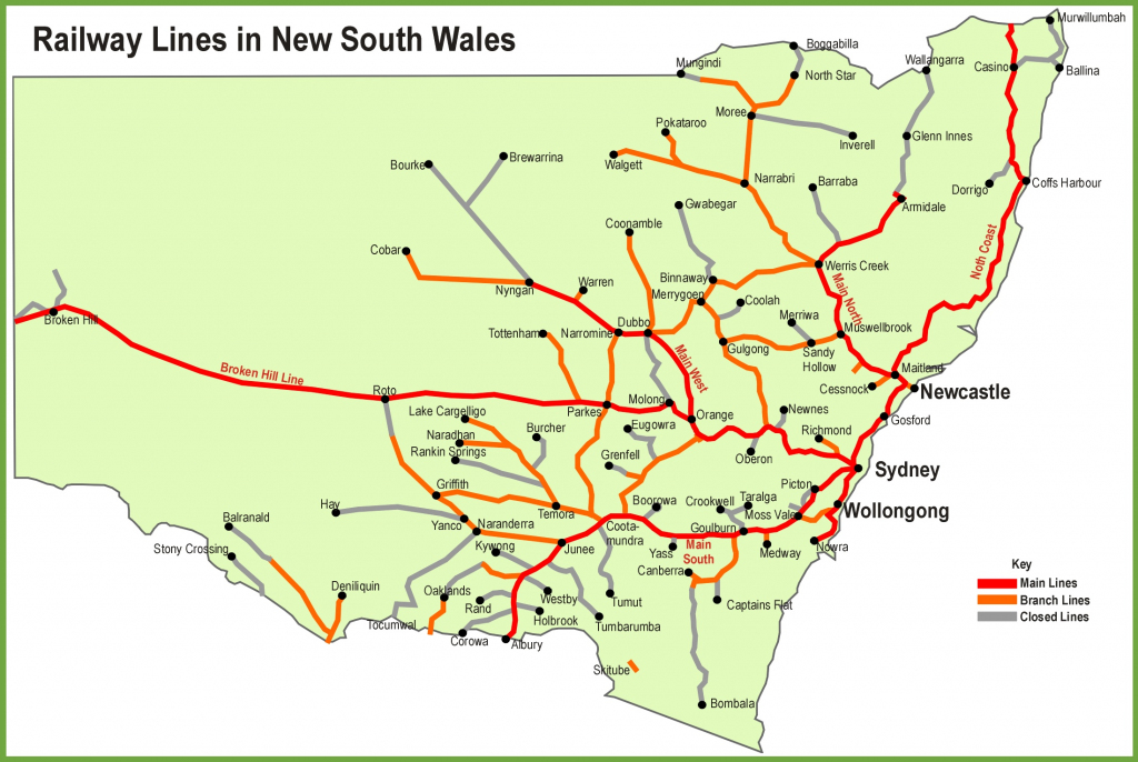 New South Wales Railway Map with regard to Printable Map Of Nsw