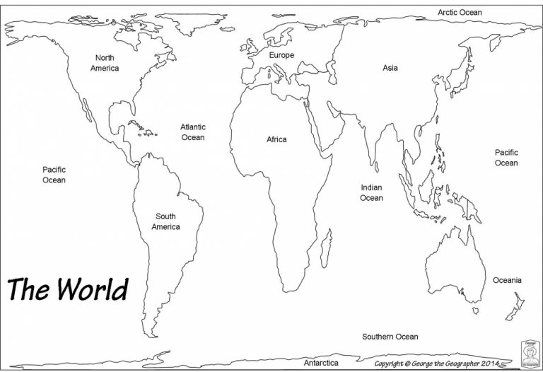 world map and oceans outline numbered