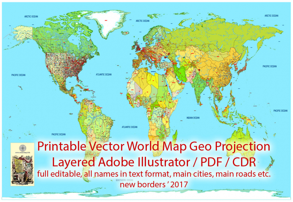 Printable Pdf Vector World Map Colored Political Updated 2017 Editable in World Map With Cities Printable