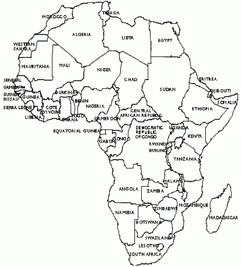 Контурная карта Африки с границами и городами