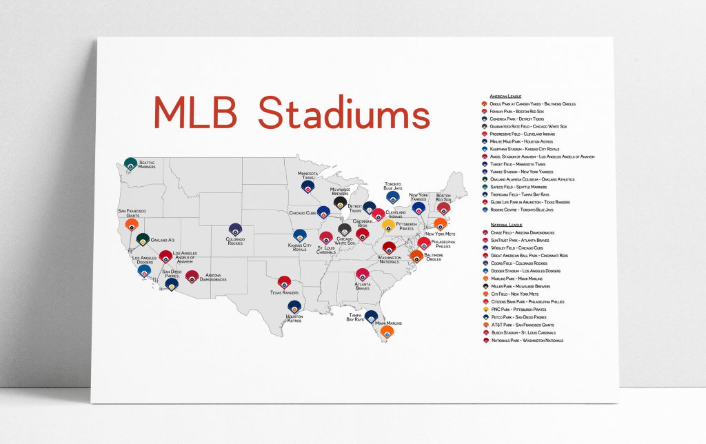 Stadium Map Stadium Checklist Baseball Stadiums Map Mlb | Etsy for Printable Map Of Mlb Stadiums