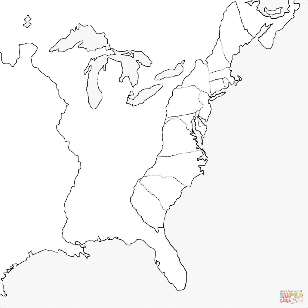 Thirteen Colonies Blank Map Coloring Page | Free Printable Coloring in Outline Map 13 Colonies Printable