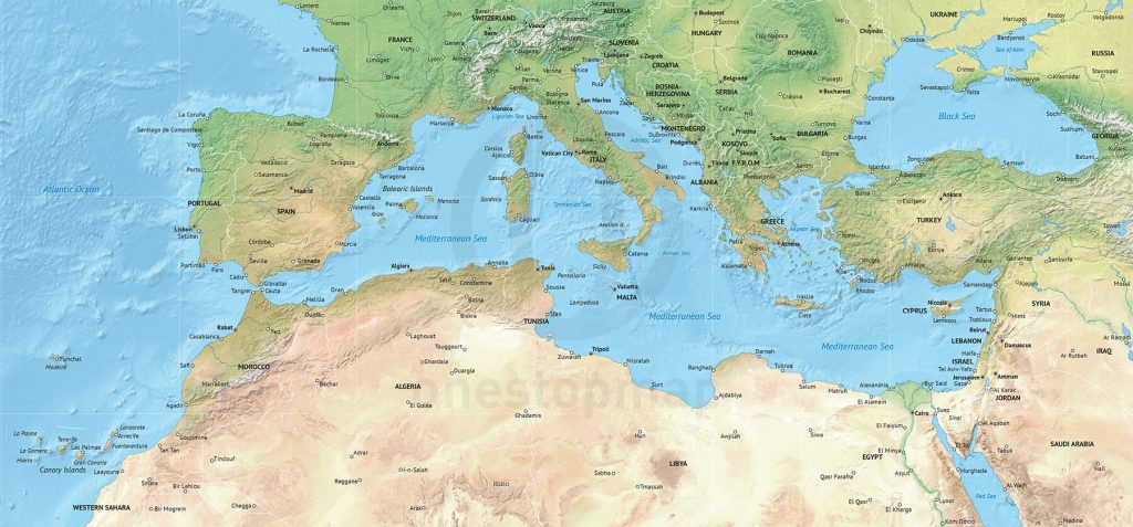 Vector Map Of The Mediterranean Political With Shaded Relief One   Vector Map Of The Mediterranean Political With Shaded Relief One Throughout Mediterranean Map Printable 1024x477 