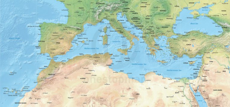 Vector Map Of The Mediterranean Political With Shaded Relief One   Vector Map Of The Mediterranean Political With Shaded Relief One Throughout Mediterranean Map Printable 768x358 