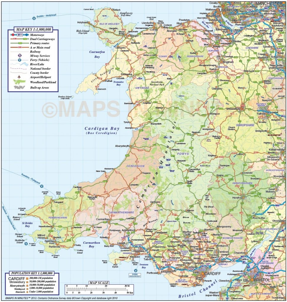 Wales 1St Level County Road & Rail Map 1M Scale In Illustrator And