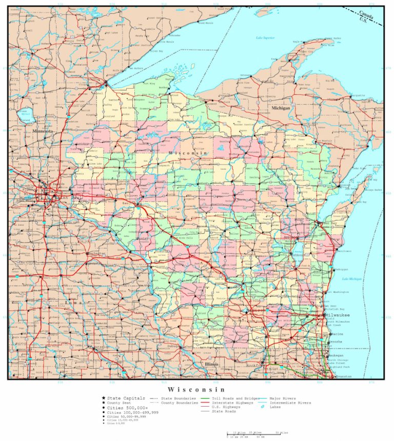 Wisconsin Printable Map with regard to Map Of Wisconsin Counties ...