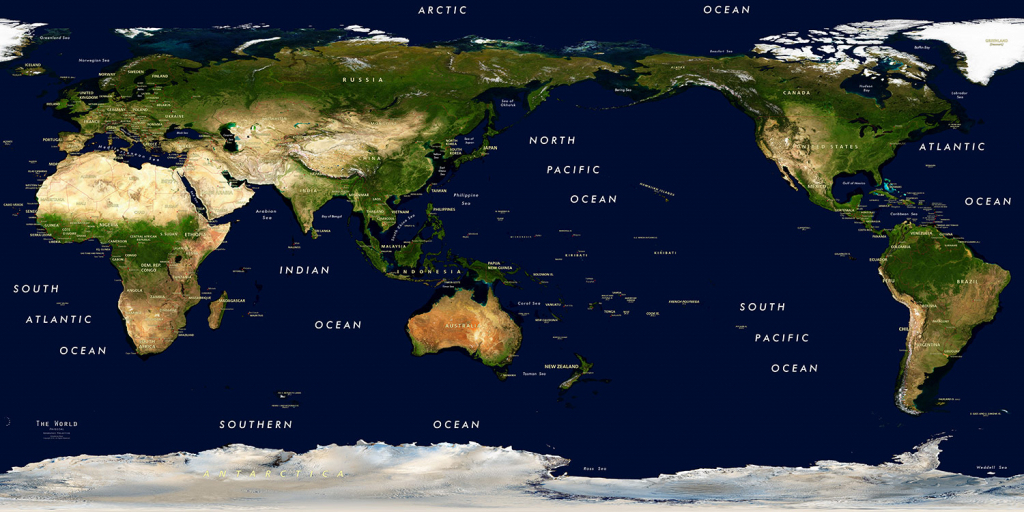World Physical Satellite Image Giclee Print - Pacific Centered with World Maps Online Printable